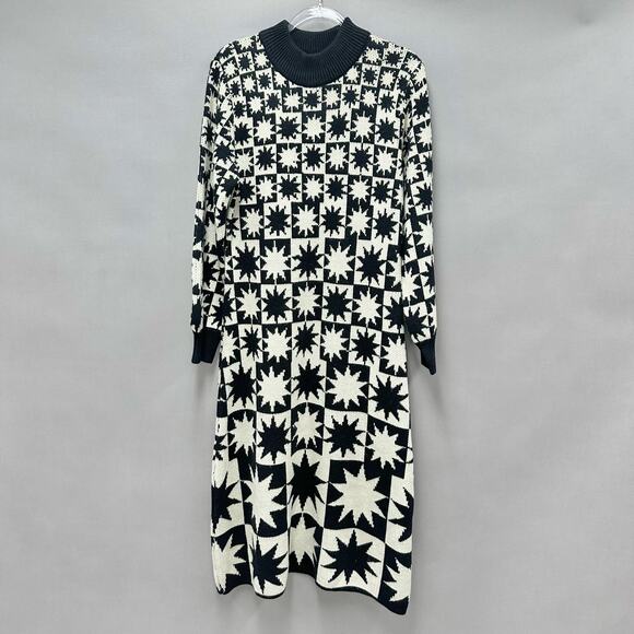 Farm Rio Black & White Starburst Mock-Neck A-Line Midi Sweater Dress Size Large - Picture 15 of 16